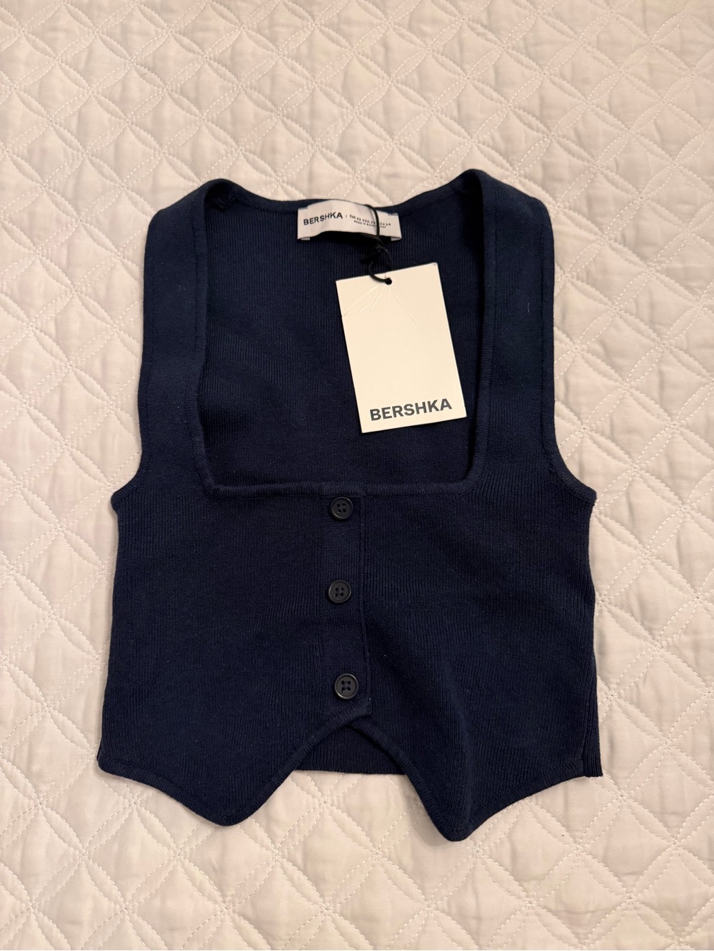 Bershka Navy Square-Neck Button Knit Vest